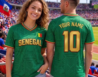May include: Green soccer jerseys with gold lettering and trim. The front of the jersey says "SENEGAL" and features the Senegal flag. The back of the jersey has the number "10" and the text "YOUR NAME".