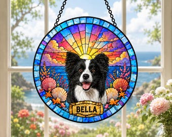 Custom Pet Portrait Stained Glass Suncatcher, Personalized Pet Photo Window Hanging, Rainbow Bridge Memorial Gift for Pet Lovers
