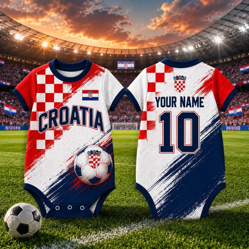 May include: A baby bodysuit with a Croatian soccer theme. The front features the word "CROATIA", a soccer ball, and the Croatian flag. The back has space for a name and the number 10. Red, white, and blue colors dominate the design.