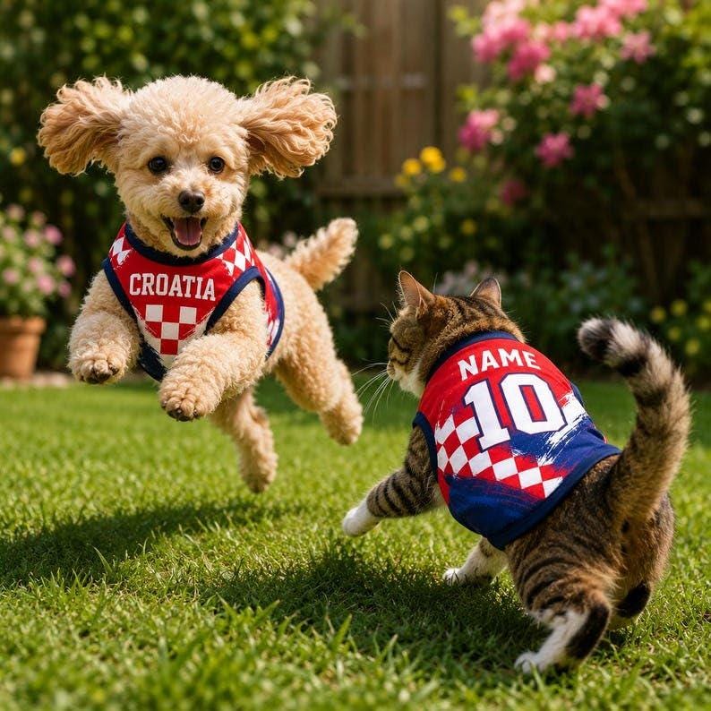 Pu&ograve; includere: Un barboncino marrone chiaro e un gatto soriano indossano maglie sportive abbinate rosse, bianche e blu. La maglia del cane presenta la scritta CROATIA, mentre quella del gatto mostra il testo NAME e il numero 10 in bianco sul retro.
