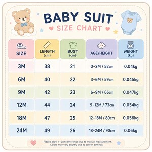 May include: A baby suit size chart with measurements in centimeters and kilograms. The chart includes sizes from 3 months to 24 months, with corresponding length, bust, age/height, and weight details. A teddy bear illustration is in the top left corner.