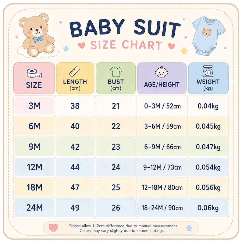 May include: A baby suit size chart with measurements in centimeters and kilograms. The chart includes sizes from 3 months to 24 months, with corresponding length, bust, age/height, and weight details. A teddy bear illustration is in the top left corner.