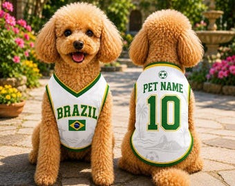 Personalized Brazil Pet Shirt | Custom Dog Football Jersey with Name & Number | Brazilian Flag Puppy Outfit | World Cup Pet Clothes Gift