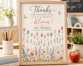Custom Fingerprint Flower Art Plaque, Personalized Teacher Appreciation Gift From Students, Teacher Keepsake
