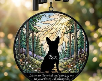 Custom Dog Portrait Stained Glass Suncatcher, Wind Chime Pet Memorial Decor, Personalized Dog Silhouette Keepsake, Rainbow Bridge Gift