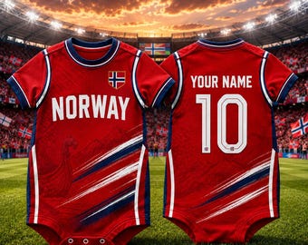 May include: Red baby bodysuit with the word "NORWAY" in white, a Norwegian flag, and a Viking ship graphic. The back features the text "YOUR NAME" above the number "10". The bodysuit has blue and white accents and is designed for a baby.