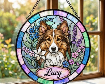 Custom Dog Portrait Stained Glass Suncatcher, Personalized Pet Memorial Photo, Remembrance Stained Glass, Rainbow Bridge Pet Sympathy Gift
