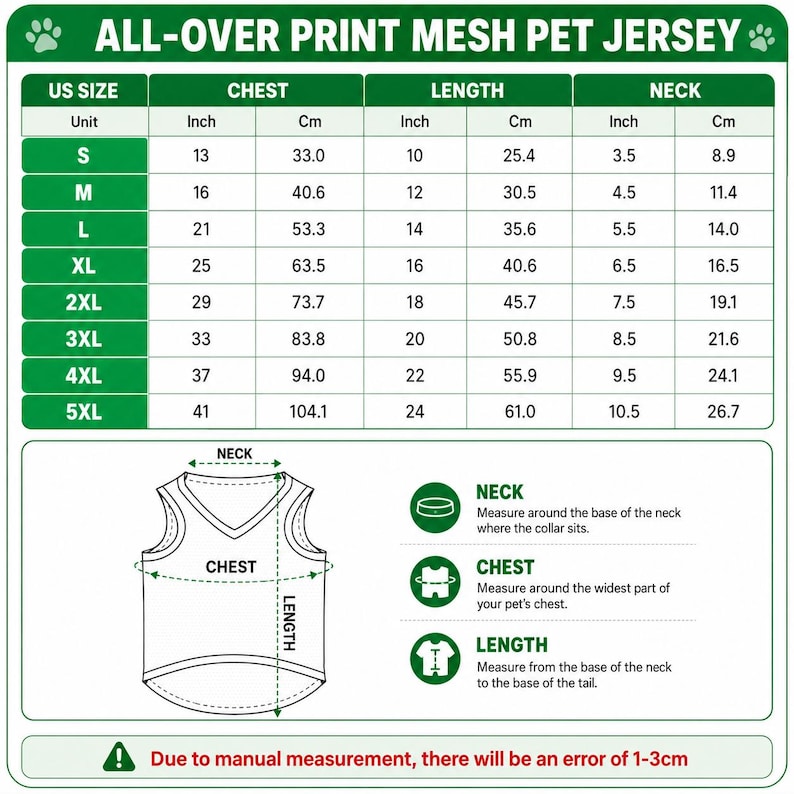 Pu&ograve; includere: Una tabella delle taglie per una maglia in rete per animali domestici. La tabella include taglie statunitensi dalla S alla 5XL, con misure di torace, lunghezza e collo in pollici e centimetri. Un diagramma illustra come misurare l'animale.