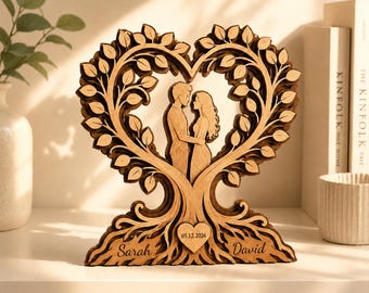 Personalized Couple Heart Tree, Custom Wooden Love Keepsake, Names And Date Anniversary Gift, Romantic Wedding Decor For Couple