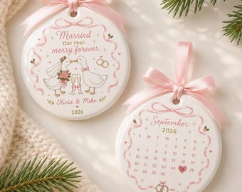 Gepersonaliseerde verlovingscadeau Huwelijkscadeau jonggehuwden, 2-zijdig keramisch ornament, bruid en bruidegom, gepersonaliseerde huwelijksaandenken