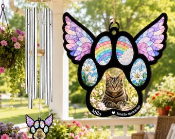 Personalized Cat Memorial Wind Chime, Custom Pet Photo Remembrance Gift, Angel Wings Paw Print Sympathy Chime, Rainbow Bridge Cat Loss Gift