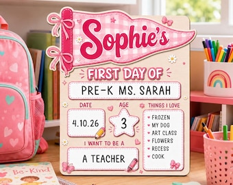 Personalized First Day of School Board, Custom Name Milestone Sign with Pennant Flag, Reusable Pre-K Kindergarten Back to School Photo Prop