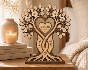 Custom Couple Heart Tree Wooden Block, Personalized Names & Date Wood Keepsake, Romantic Anniversary Gift, Wedding Gift for Husband Wife