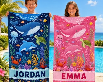 Personalized Kids Beach Towel, Custom Name Ocean Life Towel for Boys Girls, Whale Dolphin Turtle Bath Towel, Summer Birthday Gift for Kid