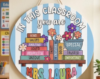 May include: A round wooden sign with light blue and white vertical stripes. The text reads IN THIS CLASSROOM YOU ARE, followed by a stack of books labeled KIND, VALUED, AMAZING, LOVED, RESPECTED, UNIQUE, SMART, CREATORS, GOOD, SPECIAL, TRUSTED, IMPORTANT, and MRS. LAURA.