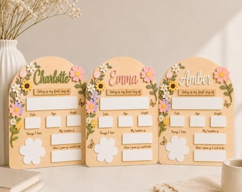 Custom First Day of School Board, Personalized Reusable Photo Prop with 3D Flower, Pastel Milestone Memory Sign, Cute Girl Kid Present