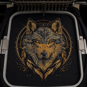 Könnte beinhalten: Ein Stickrahmen hält einen schwarzen Stoff mit einem detaillierten Wolfskopf-Design, das mit goldenen, braunen und grauen Fäden gestickt ist. Der Wolf ist in einem kreisförmigen geometrischen Rahmen aus feinen Linien und Punkten zentriert.