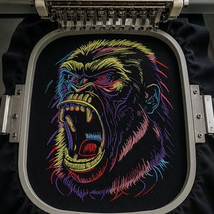 Könnte beinhalten: Ein schwarzes Stoffstück in einem Stickrahmen mit einem mehrfarbigen Fadenmotiv eines brüllenden Gorillas. Die Stickerei verwendet leuchtende gelbe, rosa, blaue und violette Linien, um die Gesichtszüge und das geöffnete Maul nachzuzeichnen.