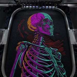 Kolorowy haft z anatomiczną czaszką, haft z gotycką sztuką szkieletu, haft z neonową czaszką, haft z motywem Halloween