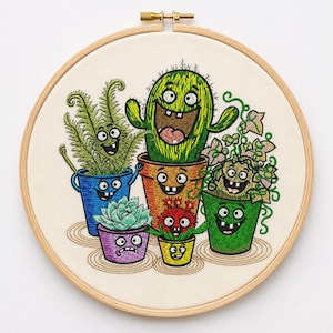 Crazy Plant Embroidery Design, Funny Plant Machine Embroidery, Cute Cactus Succulent Flower Pot Design, Botanical Embroidery Pattern