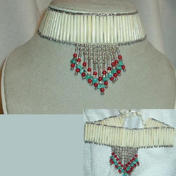ON SALE-----White Hairpipe bones, Turquoise, Coral & Silver Choker, Bone Choker,Native American Bone Choker