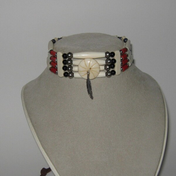 SALE - Native American Indian Bone Choker with Sterling Silver, Blue Lapis and Black Onyx Beads