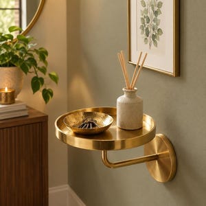 Puede incluir: Un estante de pared circular de metal en tono dorado con un brazo a juego y una placa de pared redonda. En el estante hay un pequeño jarrón de cerámica texturizada de color claro con tres varillas de madera y un cuenco dorado martillado con llaves.