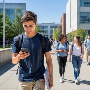 May include: A student wearing a navy blue t-shirt and khaki pants, carrying a black backpack and a notebook, while looking at a smartphone. In the background, other students walk along a paved path near modern campus buildings.