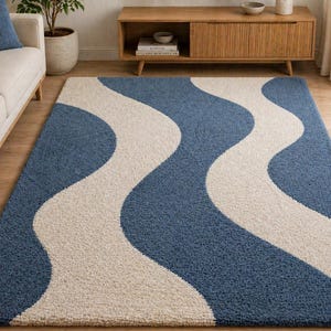 Alfombra ondulada azul y marfil tejida a mano / Alfombra abstracta moderna / Alfombra contemporánea para sala de estar o dormitorio