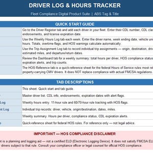 Könnte beinhalten: Digitales Dokument "DRIVER LOG & HOURS TRACKER" in Blau und Weiß. Es enthält eine Kurzanleitung und Tabellenbeschreibungen für Fahrtenbücher, Wochenstunden und Reisezuweisungen. Ein Haftungsausschluss ist ebenfalls enthalten.