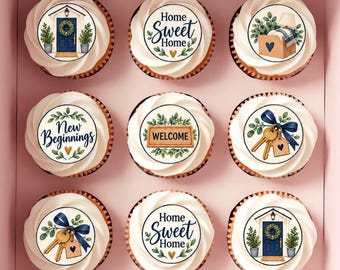 May include: A set of nine cupcakes arranged in a box, each topped with a circular edible topper featuring illustrations of a blue front door, the text Home Sweet Home, a moving box, New Beginnings, a welcome mat, and brass keys with a blue bow.