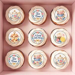 May include: A box of nine cupcakes with white frosting, each topped with a circular edible topper featuring illustrations of teapots, teacups, scones, tea bags, lemons, and floral wreaths, with text reading Tea Time and A Lovely Little Party.