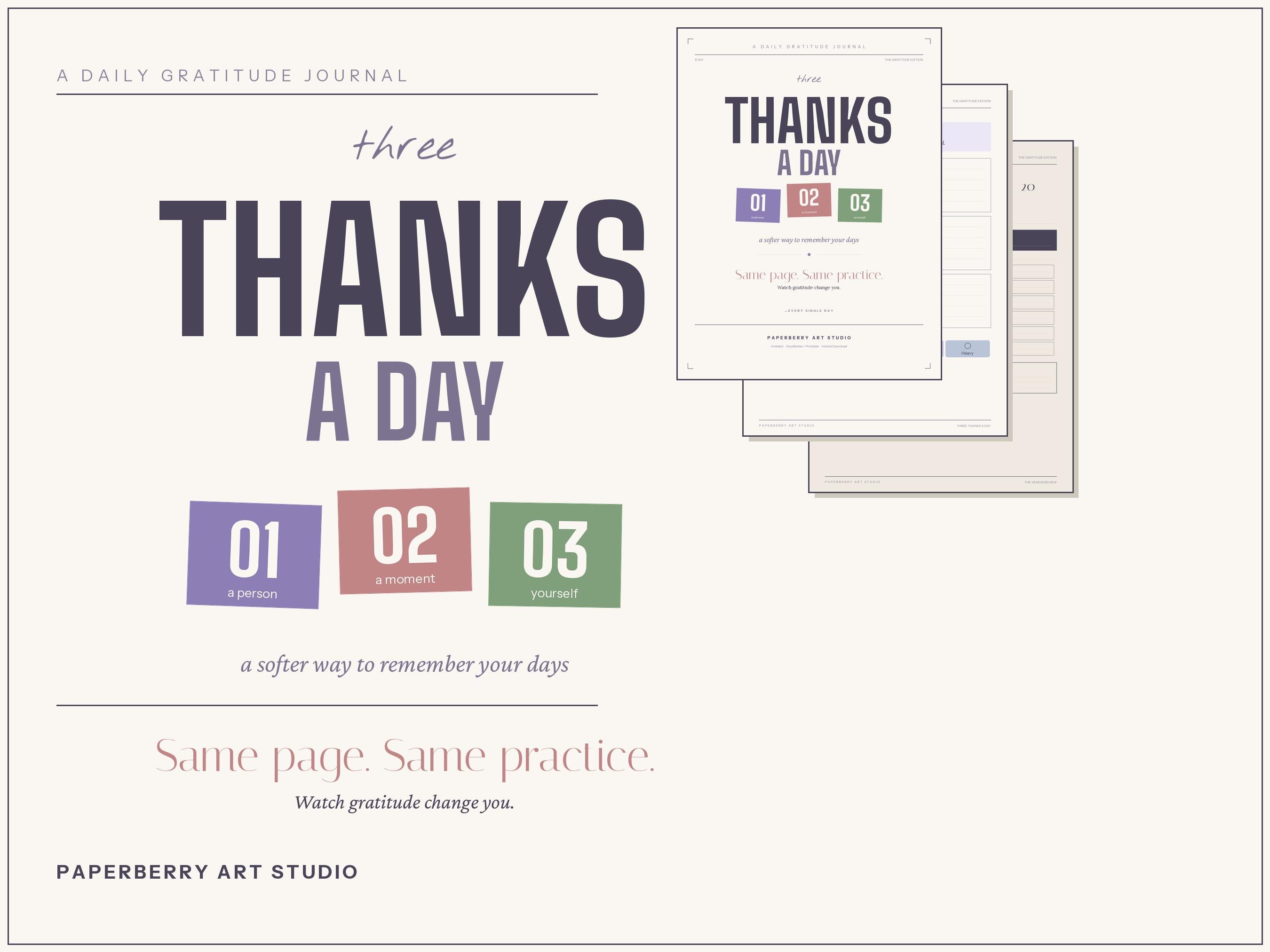 Daily Gratitude Journal, Three Thanks a Day, Mindfulness Self Care (Digital Download)