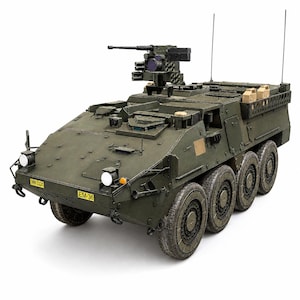 May include: An olive green eight-wheeled armored personnel carrier model featuring a roof-mounted turret with a cannon and sensor array. The vehicle displays yellow license plates with the text 388-2225 and EM-36, two antennas, and two tan canisters.