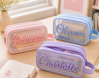 Custom Name Pencil Case with Raised Embroidered Name, Personalized Mesh Pouch, School Supplies Organizer, Back to School Gift for Kids