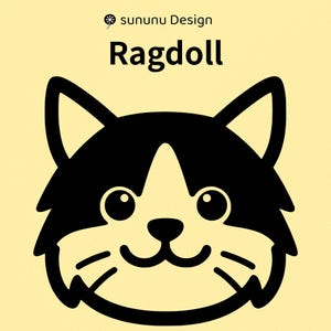 May include: A graphic illustration of a cat face on a light yellow background. The cat is black and white with pointed ears, large round eyes, a small nose, and whiskers. The text sununu Design and the word Ragdoll appear above the cat head.