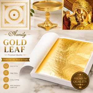 Peut inclure: Un livret de feuilles d'or avec une finition métallique. La couverture porte le texte Aomily GOLD LEAF Premium Quality. L'image comprend un médaillon de plafond blanc avec des accents dorés, un support sur pied doré et une statue dorée de Bouddha.