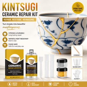 Può includere: Un kit di riparazione per ceramica Kintsugi con una ciotola blu e bianca con crepe riempite d'oro. Il kit include un tubetto di adesivo da 50 ml, due piccoli barattoli di polvere, una spatola bianca, due tubi trasparenti, un agitatore in legno, una tazza in silicone e guanti.