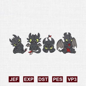 May include: An embroidery design featuring four black dragon characters with large green eyes. The dragons are depicted in various poses, including sitting and holding a red fish. Below the dragons, the text JEF, EXP, DST, PES, and VP3 is visible.