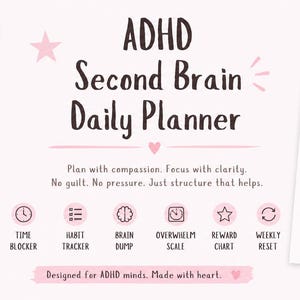 May include: A light pink ADHD Second Brain Daily Planner with the text "ADHD Second Brain Daily Planner" and additional text. The planner includes a daily layout and a list of features. The design includes pink stars and hearts.