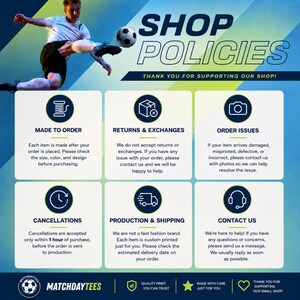 Puede incluir: Gr&aacute;fico con pol&iacute;ticas de la tienda, incluyendo informaci&oacute;n sobre pedidos, devoluciones, problemas y cancelaciones. Tambi&eacute;n se ve el texto "SHOP POLICIES" y "THANK YOU FOR SUPPORTING OUR SHOP!"