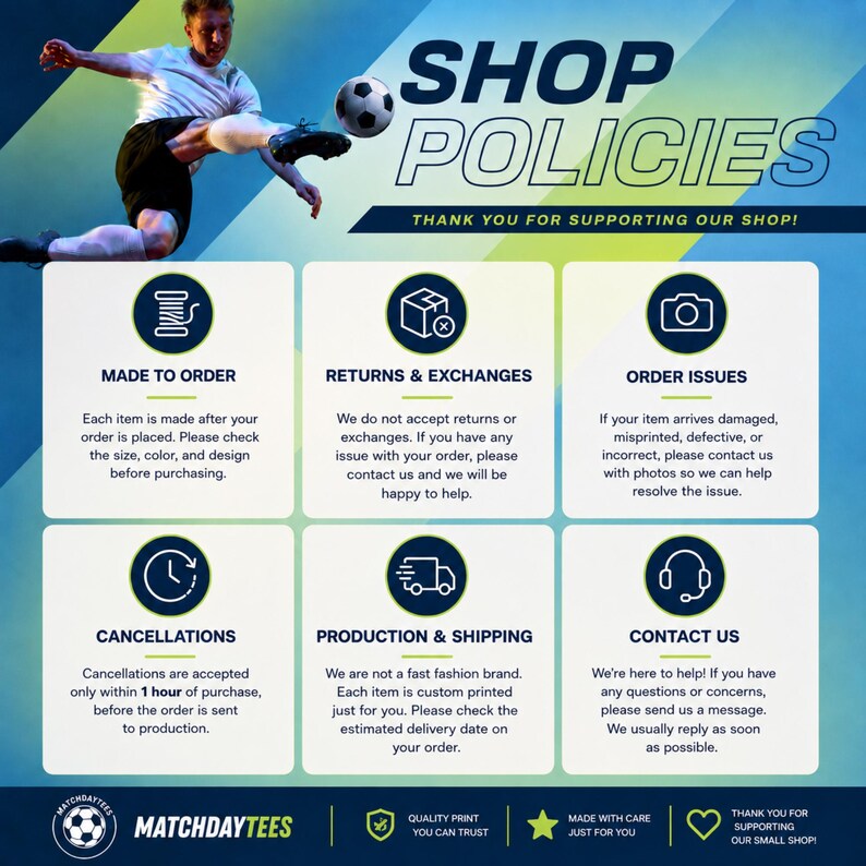 Puede incluir: Gr&aacute;fico con pol&iacute;ticas de la tienda, incluyendo informaci&oacute;n sobre pedidos, devoluciones, problemas y cancelaciones. Tambi&eacute;n se ve el texto "SHOP POLICIES" y "THANK YOU FOR SUPPORTING OUR SHOP!"