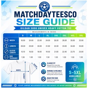 Puede incluir: Gu&iacute;a de tallas de camiseta unisex Gildan 5000 de algod&oacute;n grueso. Se proporcionan medidas en pulgadas para el ancho, largo y largo de manga, desde la talla S hasta la 5XL. La gu&iacute;a tambi&eacute;n destaca caracter&iacute;sticas como ajuste cl&aacute;sico y tejido duradero.