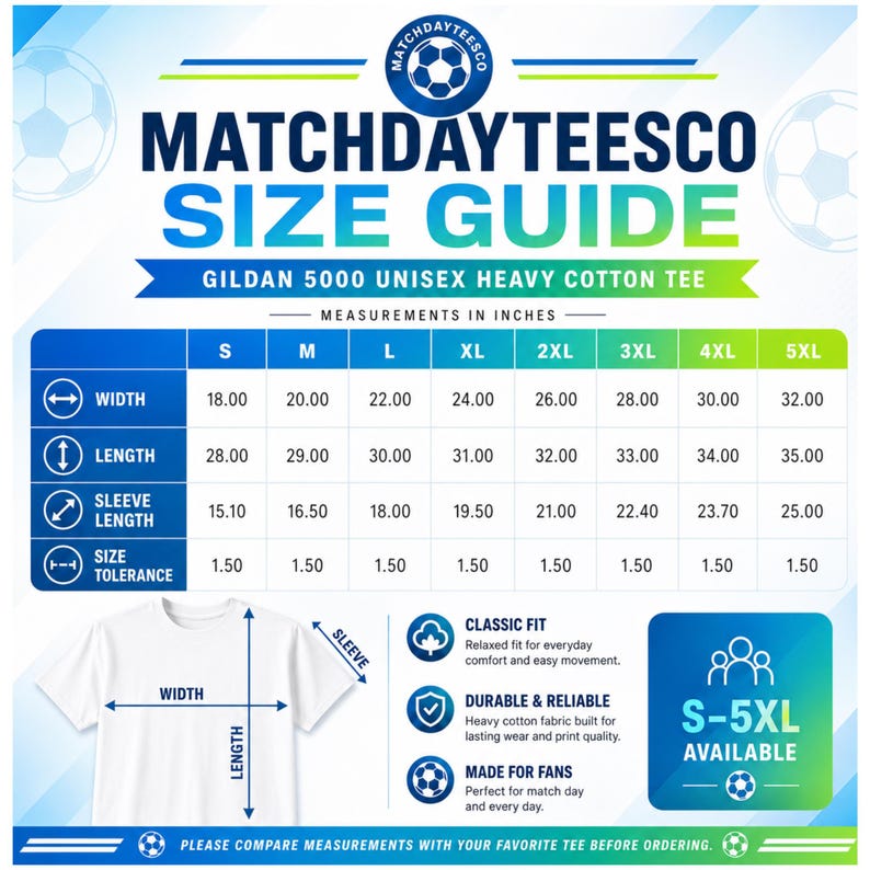 Puede incluir: Gu&iacute;a de tallas de camiseta unisex Gildan 5000 de algod&oacute;n grueso. Se proporcionan medidas en pulgadas para el ancho, largo y largo de manga, desde la talla S hasta la 5XL. La gu&iacute;a tambi&eacute;n destaca caracter&iacute;sticas como ajuste cl&aacute;sico y tejido duradero.