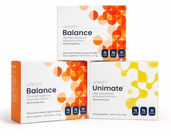 Unicity Unimate & Balance-bundel | Combipakket wellness | Dagelijkse voedingsdrankmix | Sinaasappel-citroensmaak