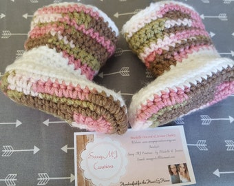 Crocheted Baby Booties | Baby Boots | Baby Slippers | Girl | Pink Camo/White | Country Booties | Baby Shower | Gift | Booties | Country