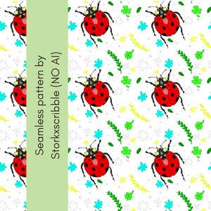 Puede incluir: Un patrón continuo con mariquitas rojas de puntos negros sobre fondo blanco, intercaladas con pequeñas hojas de trébol verdes, flores azul brillante y ramitas amarillas. El texto Seamless pattern by Storkxscribble (NO AI) es visible.