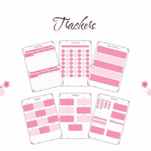 May include: Six rectangular planner pages with pink floral accents and the word Trackers at the top. The pages include sections for workout planning, weight tracking, daily meals, yearly goals, weekly goals, and habit tracking in shades of pink.