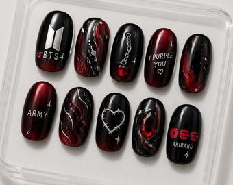 ARMEE Arirang Drücken Sie auf die Nägel | 2026 Comeback Dunkelrot Kunst | 3D Stacheldraht Herz Nägel | Industrielle K-Pop Gefälschte Nägel | Personalisierte Gelnägel