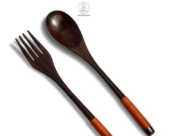 Handmade Rosewood Spoon and Fork Set – Natural Ergonomic Cutlery (23cm)
